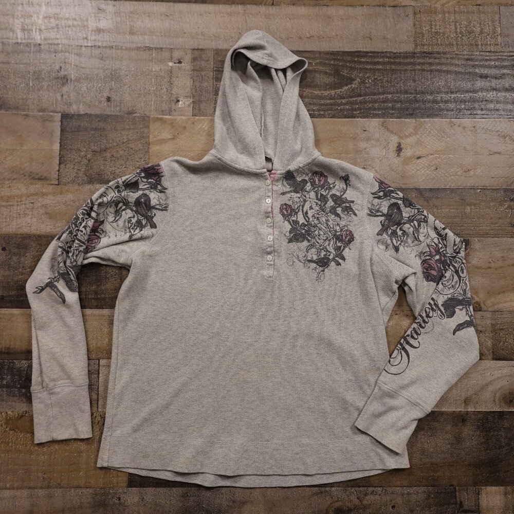 Harley-Davidson Graphic Henley Hoodie Women’s 2W Gray Roses & Birds Thermal‎